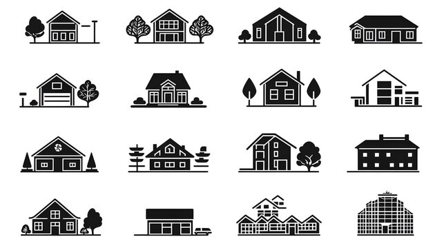 A monochromatic collection of black building icons including urban developments and cultural landmarks neatly displayed on a clean white background