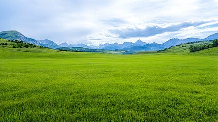 Fototapeta premium Lush green valley meadow, mountain backdrop, cloudy sky, serene landscape; ideal for travel brochures