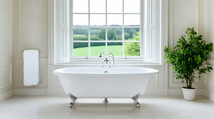 Luxurious freestanding bathtub in elegant bathroom, overlooking scenic countryside view, ideal for relaxation and spa-like ambiance
