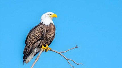 Majestic bald eagle perched on branch, clear blue sky background; wildlife photography for nature documentaries