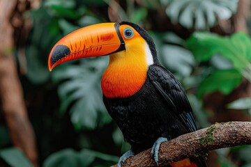 Obraz premium Vibrant and Colorful Toucan Perched on a Mossy Tree Branch in a Lush Tropical Jungle Environment