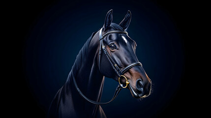 Fototapeta premium Majestic black horse portrait, dark background, equestrian art, website banner