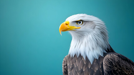 Obraz premium Majestic bald eagle profile, teal background, wildlife portrait, freedom symbol, nature photography