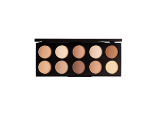 A makeup palette featuring a range of ten neutral shades for contouring and highlighting.