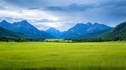Obraz premium Lush green valley nestled between majestic mountains under a partly cloudy sky; ideal for travel brochures
