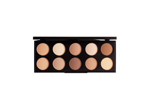 A makeup palette featuring a range of ten neutral shades for contouring and highlighting.