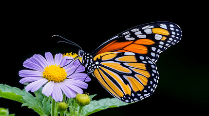 Fototapeta premium Monarch butterfly feeding on purple flower against black background; nature photography for websites or print