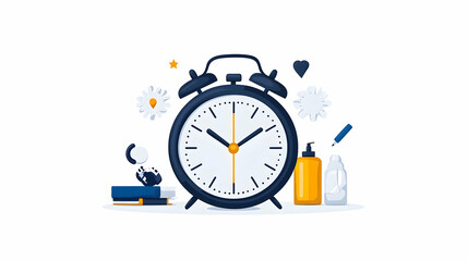 Morning routine, alarm clock, cleaning supplies, books, white background, productivity concept, website banner