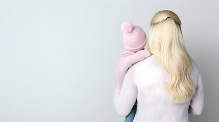 Obraz premium Mother holding toddler, winter clothes, grey background, family warmth, website banner