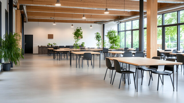 Modern office cafeteria with wooden tables, chairs, and plants, large windows showing green trees; ideal for showcasing workspace design