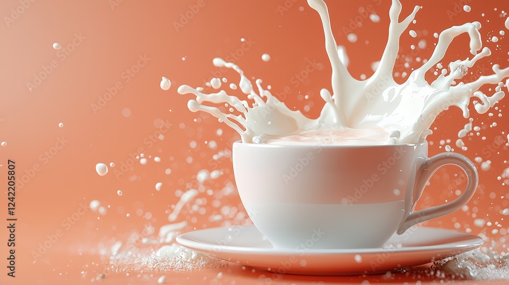 Poster a fun and dynamic coffee cup with milk pouring in from above, creating a whimsical splash effect.