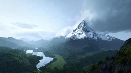 Fototapeta premium Snow Covered Mountain Peak During a Rainstorm