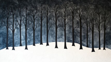 Winter Solstice Forest a stark silhouettes of trees against a snowy landscape at dusk