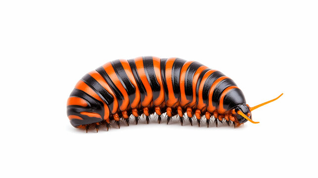 Orange and black millipede crawling on white background, studio shot, for science or nature publications