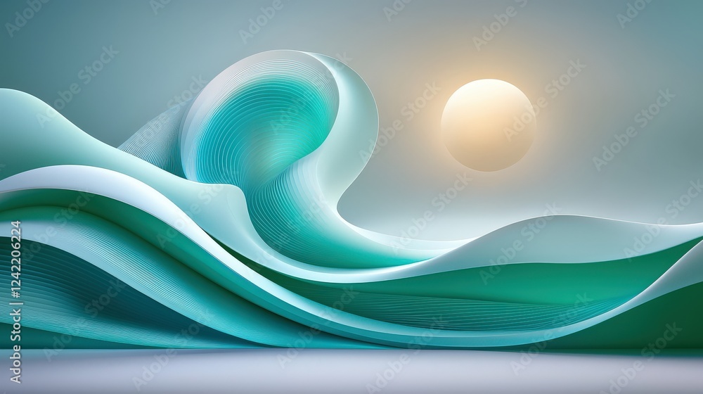 Poster a mesmerizing swirl of blue-green waves, layered with smooth flowing shapes, creating an energetic a