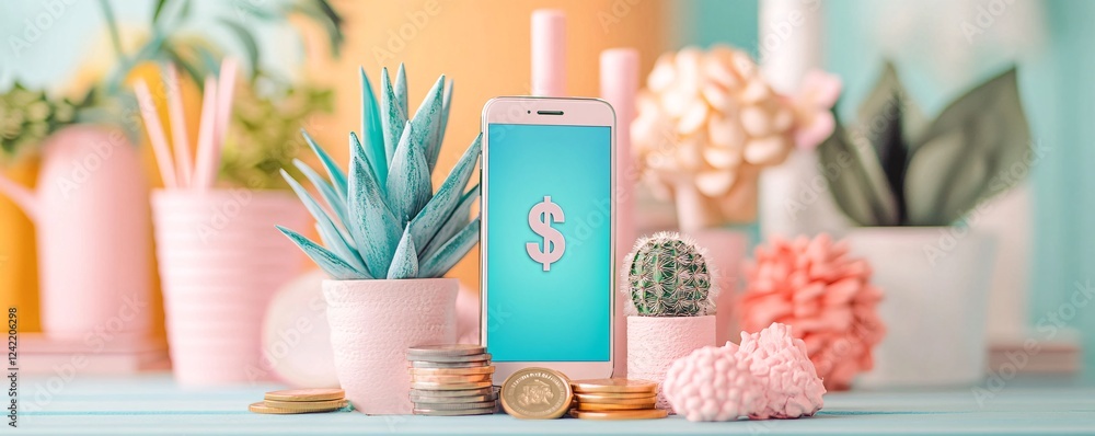 Aufkleber smartphone showing finance app surrounded by plants and coins is displaying increasing dollar concep