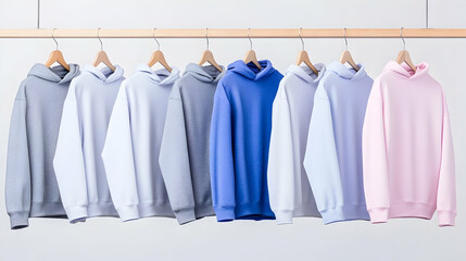 Pastel hoodies hanging on rack, white background, fashion apparel mockup