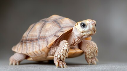 Fototapeta premium Baby tortoise walking on grey background, studio shot, wildlife, pet