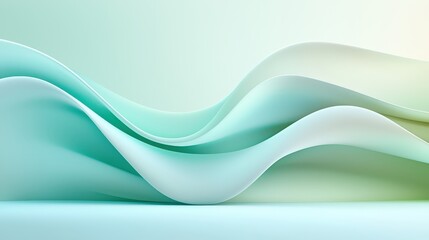A minimalist design of gently rippling waves in light blue, blending into soft green tones, evoking a feeling of peaceful calmness.