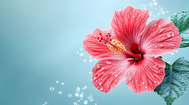 Pink hibiscus flower with water drops, spa background, wellness concept - Powered by Adobe