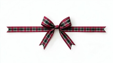 Red and green plaid ribbon bow isolated on white background; ideal for gift wrapping, cards, or holiday decorations