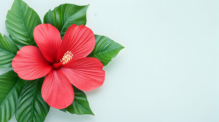 Obraz premium Red hibiscus flower with green leaves on light blue background, ideal for greeting cards or website banners