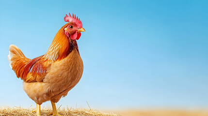 Rooster standing on hay bale, clear blue sky, rural farm background.  Perfect for agriculture, farming, livestock websites