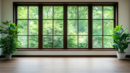 Room with large window overlooking lush green forest, hardwood floor, potted plants. Ideal for interior design websites