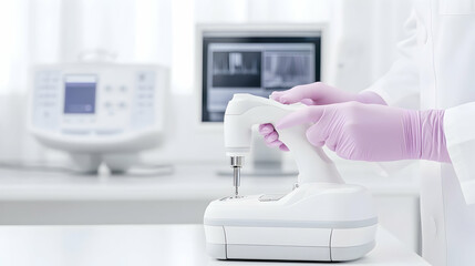 Scientist using medical device in lab, diagnostic screens blurred background, healthcare research