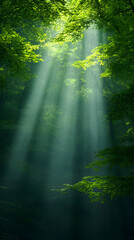 Fototapeta premium Sunbeams in lush green forest