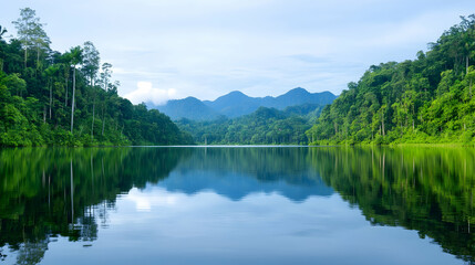 Serene lake reflecting mountains, lush rainforest, calm morning, nature background, ideal for travel brochures