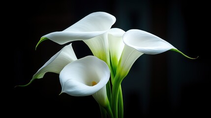 Obraz premium White Calla Lilies with Water Droplets on Dark Background
