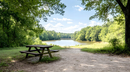 Serene lakeside picnic area, tranquil forest backdrop, sunny day, ideal for relaxation