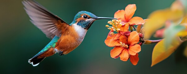 Fototapeta premium Vibrant hummingbird hovering near a colorful array of tropical flowers in a lush garden environment The tiny bird s wings are in motion