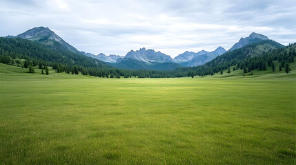 Serene mountain valley meadow landscape; tranquil nature scene, ideal for travel brochures