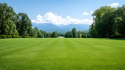 Fototapeta premium Serene mountain view from manicured lawn; idyllic landscape for relaxation or travel brochure