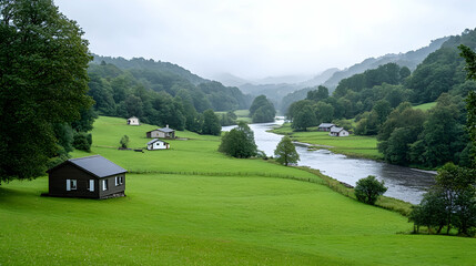Obraz premium Serene river valley cottages, misty morning landscape, idyllic rural scene, perfect for travel brochures
