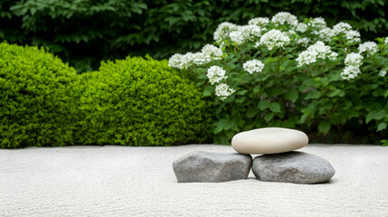 Serene Zen garden rocks, white flowers, green shrubs background; meditation, peace, tranquility