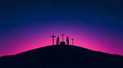 Silhouetted figures mourn at a hilltop tomb under a vibrant night sky.  Religious, spiritual, faith, hope, Easter, memorial