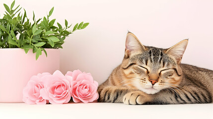 Sleeping tabby cat, pink roses, plant; peaceful home scene, ideal for pet, home decor, or greeting cards