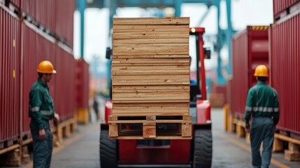 Obraz premium Workers Utilizing Forklifts to Carefully Load Wooden Planks onto Pallets for Storage and Shipping in a Busy Warehouse Logistics and Distribution Center