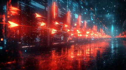 Fototapeta premium A striking visual of multi-colored arrows launching from the ground, flying in unison, and sticking into a high-tech wall screen, perfectly aligned and spaced