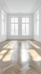 Empty room, sunlight, hardwood floor, minimalist design, interior design