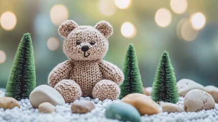 Knitted teddy bear sitting between christmas trees on fake snow