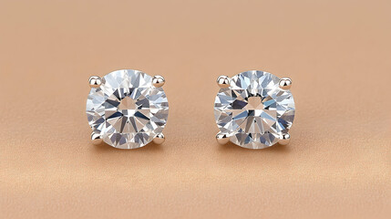 Sparkling diamond stud earrings on beige background; perfect for jewelry ads