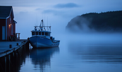 Fototapeta premium Fishing Boat Floating Beside a Quiet Dock at Dawn, Perfect for Tranquil Moments on the Water