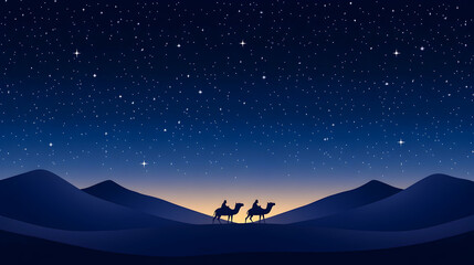 Obraz premium Starlit Desert Night Wise Men Journey, Camel Silhouette, Christmas Background