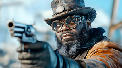 Steampunk man aiming revolver, urban backdrop, post-apocalyptic setting, for film/game promotional material