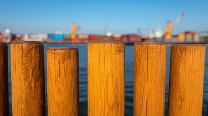 Obraz premium Wooden poles being carefully loaded onto a barge in a picturesque harbor setting with a rustic cityscape and blue sky in the background