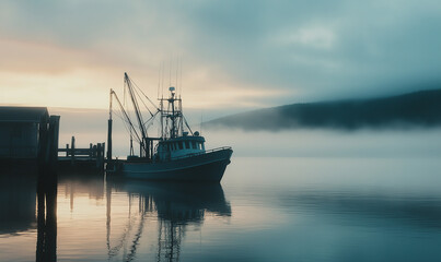 A Fishing Boat Floating Beside a Quiet Dock at Dawn, Offering Peaceful Moments on the Water